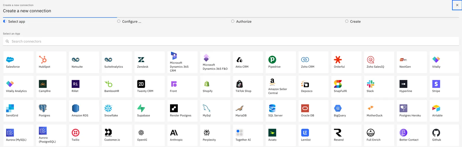 "Create a new connection" Select app step showing a grid of connectors such as Salesforce, HubSpot, NetSuite, Postgres and Snowflake.
