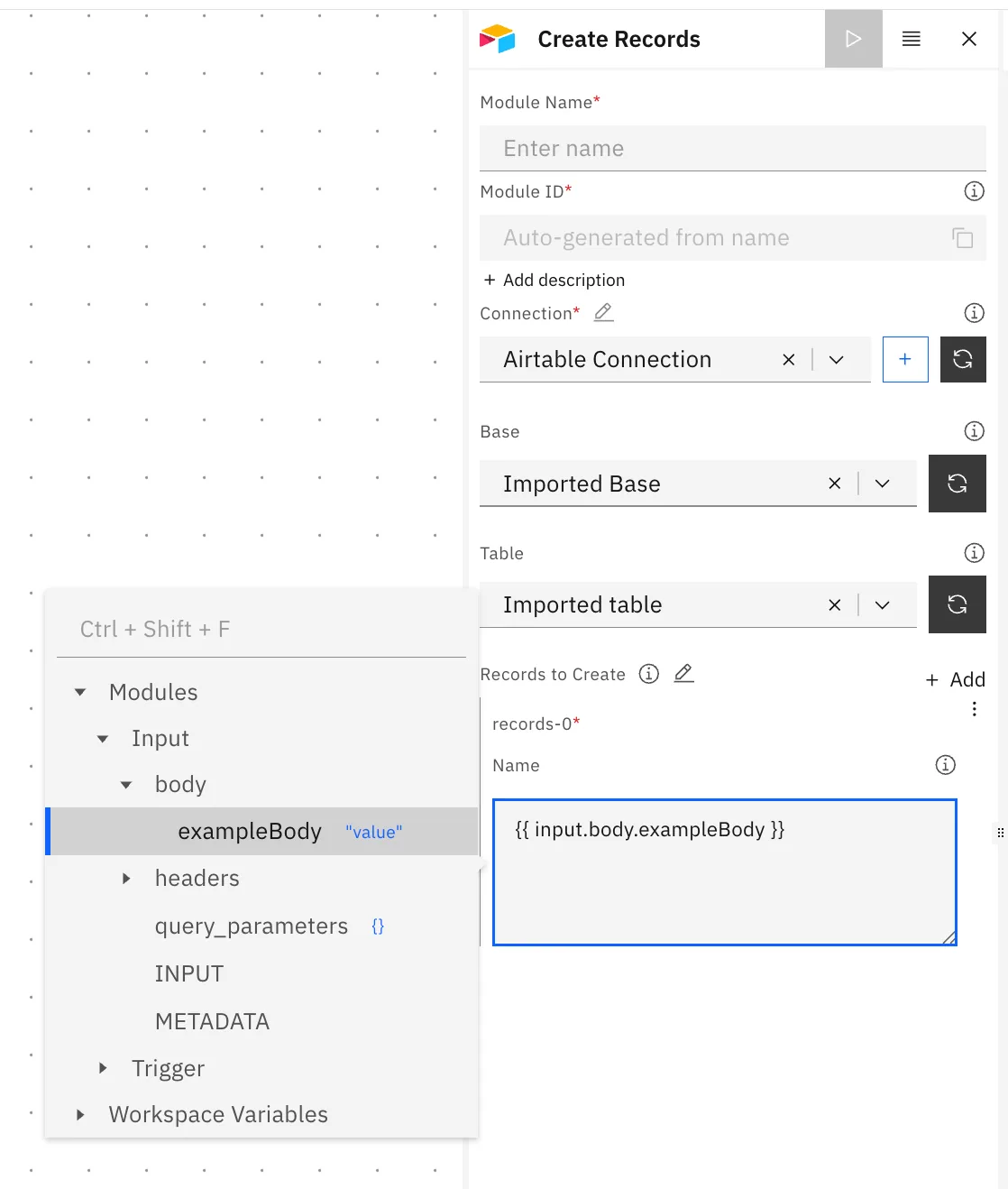 Variable picker open over an Airtable Create Records module, inserting {{ input.body.exampleBody }} into the Name field.