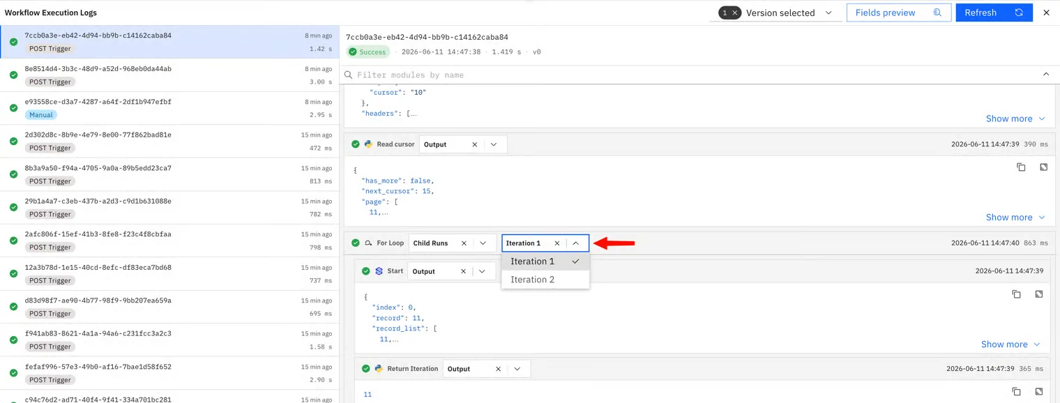 Workflow Execution Logs with the For Loop's Child Runs iteration dropdown open, showing "Iteration 1" and "Iteration 2".