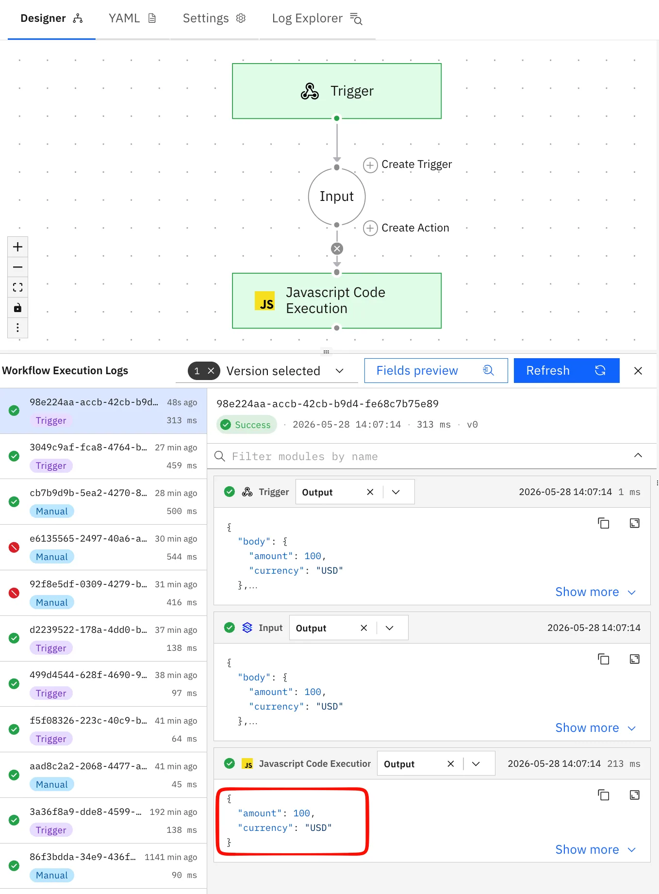 Workflow Execution Logs for a successful run, with the Javascript Code Execution output returning amount 100 and currency "USD" highlighted.