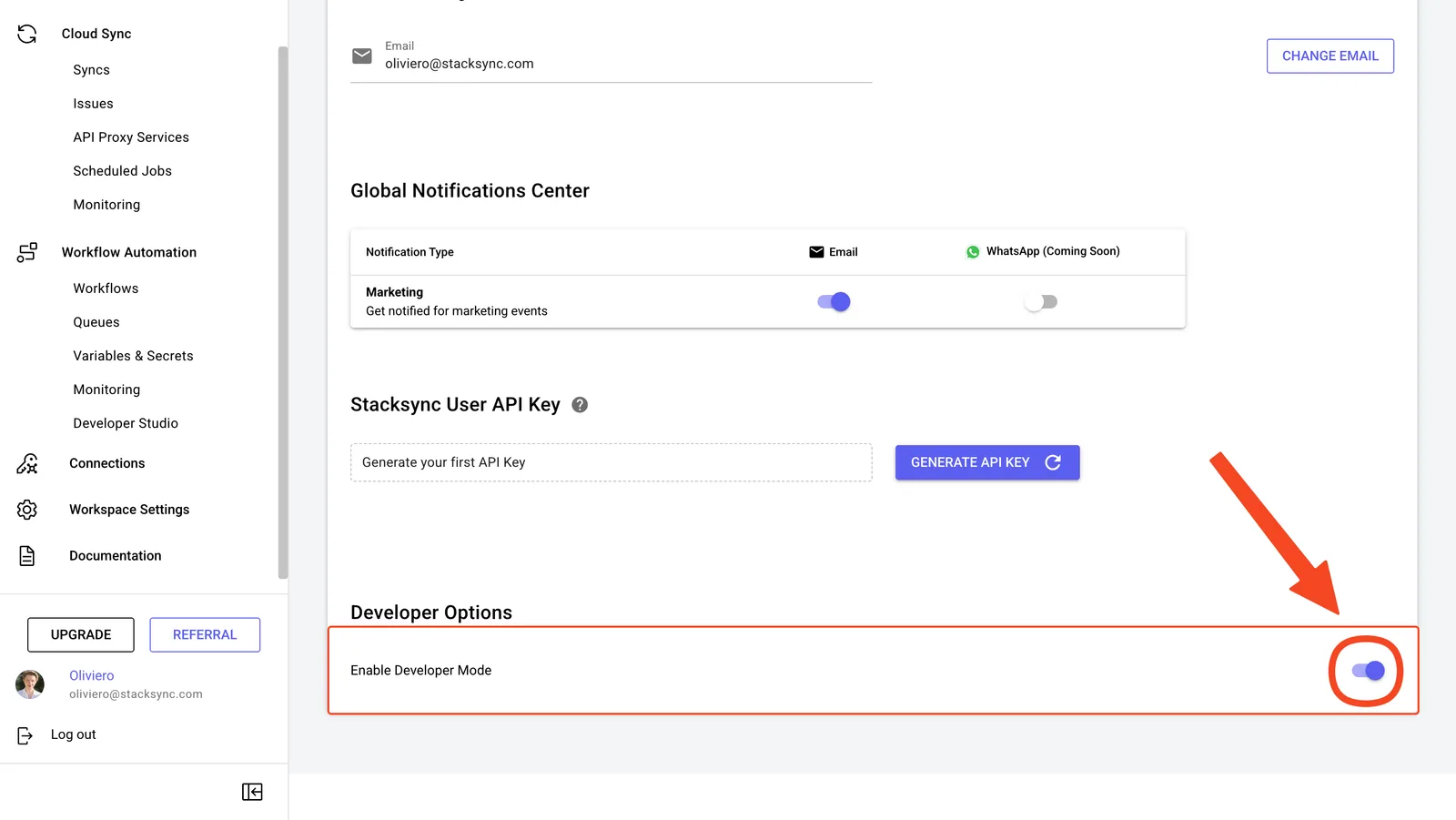 Developer Options section of the Stacksync profile page with the "Enable Developer Mode" toggle switched on and highlighted.