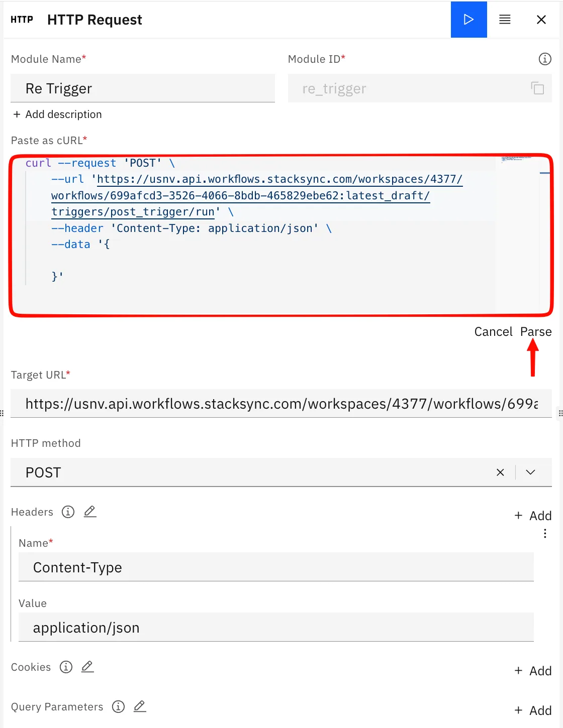 "Re Trigger" HTTP Request module with the workflow's POST trigger cURL pasted into "Paste as cURL" and an arrow pointing to Parse.