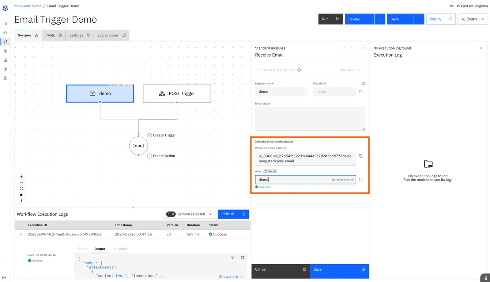 Receive Email trigger's Inbound email configuration showing the generated workflow email address and an optional alias "demo" marked Available.
