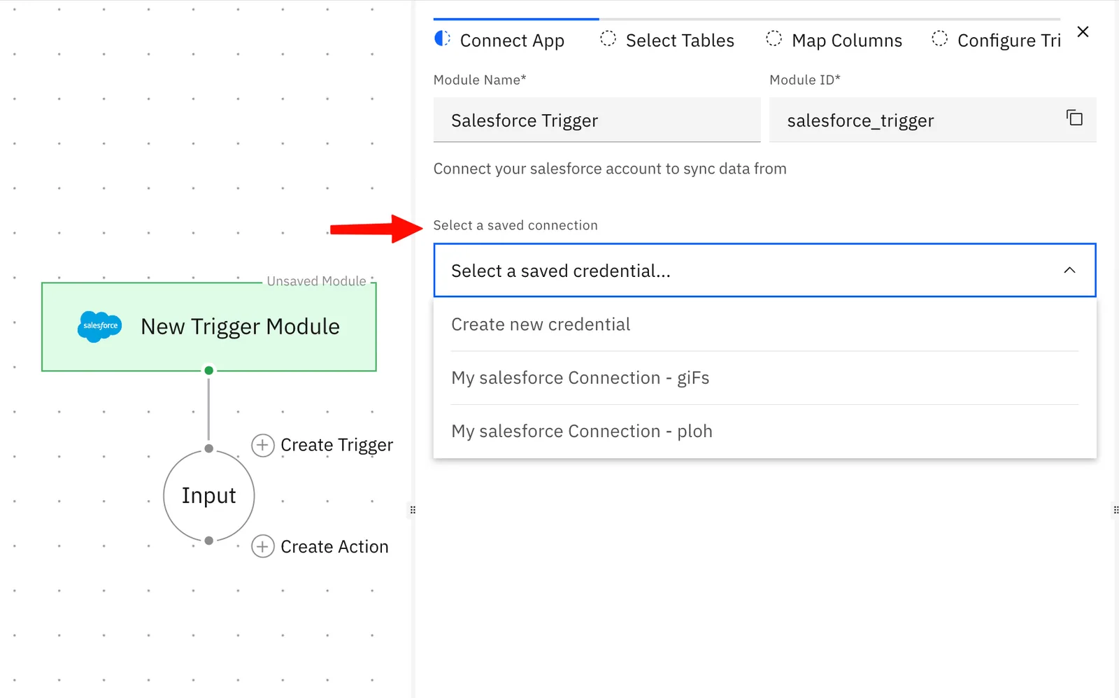 Salesforce Trigger Connect App step with the "Select a saved connection" dropdown open, offering "Create new credential" and saved connections.