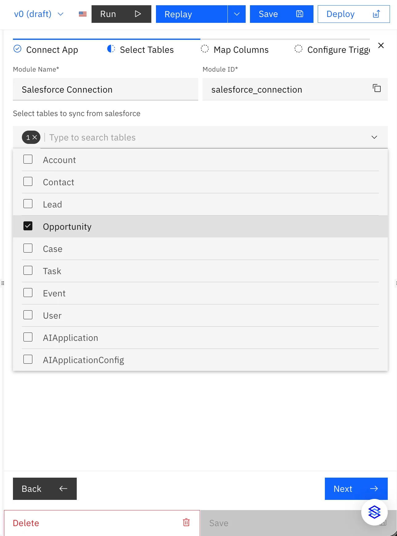 Salesforce app trigger Select Tables step with the table list open and "Opportunity" checked among Account, Contact, Lead and others.