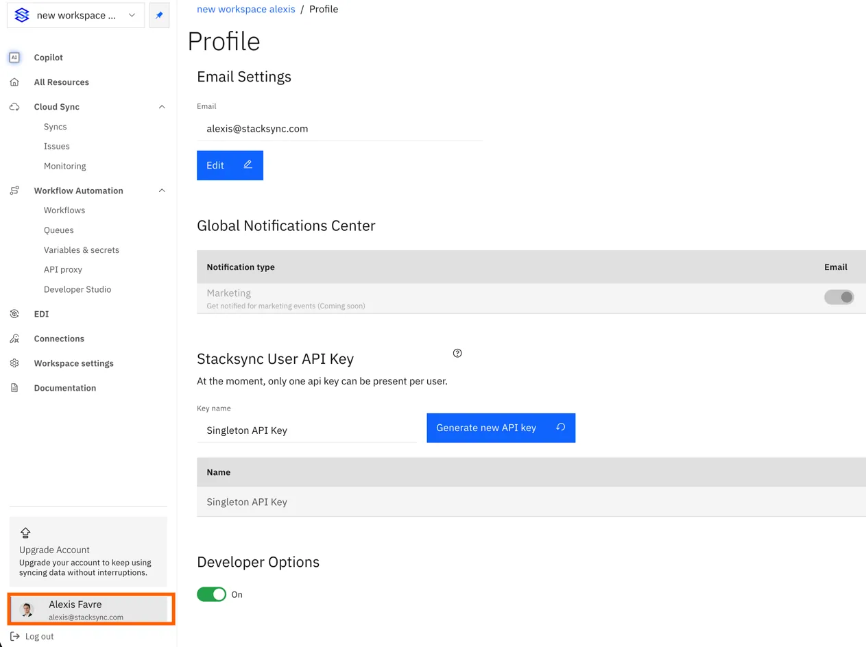 Stacksync Profile page opened from the user menu at the bottom of the sidebar, showing Email Settings, User API Key and Developer Options.