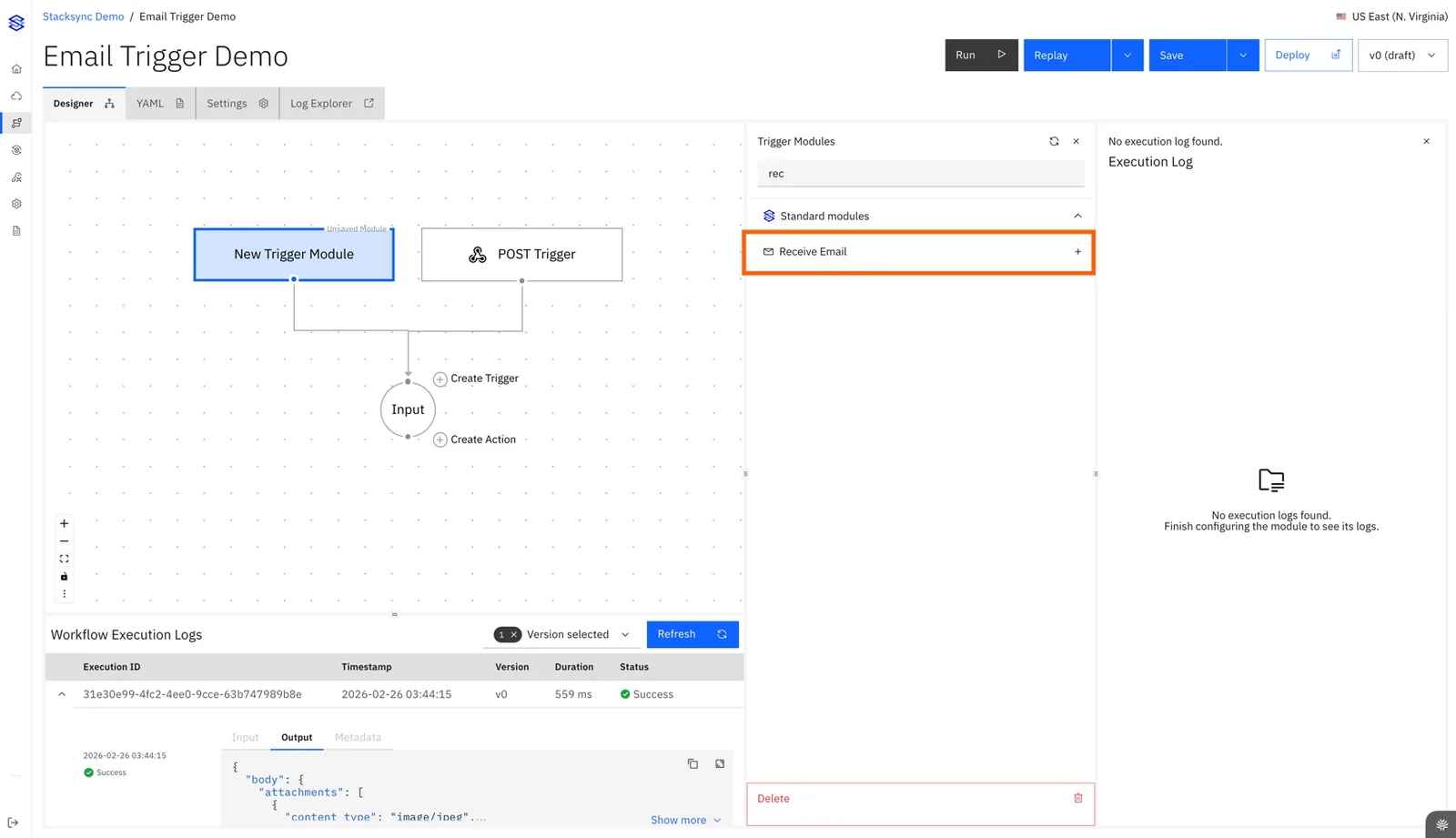 "Email Trigger Demo" workflow with the Trigger Modules panel searched for "rec" and the "Receive Email" standard module highlighted.