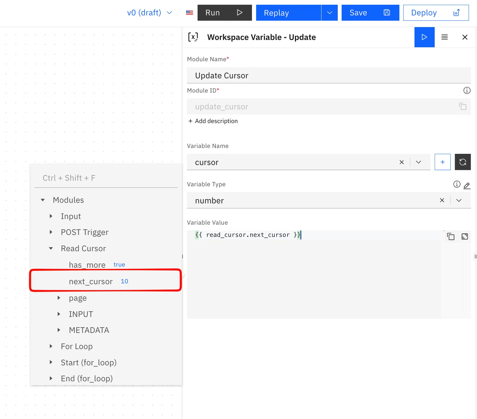 "Update Cursor" Workspace Variable - Update module setting variable cursor (number) to {{ read_cursor.next_cursor }} from the picker.