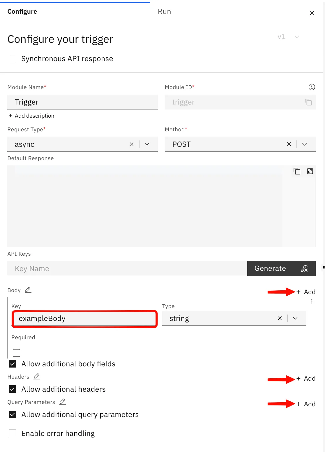 Webhook trigger configuration with a Body key "exampleBody" of type string added, and arrows pointing to the + Add buttons for body, headers and query.