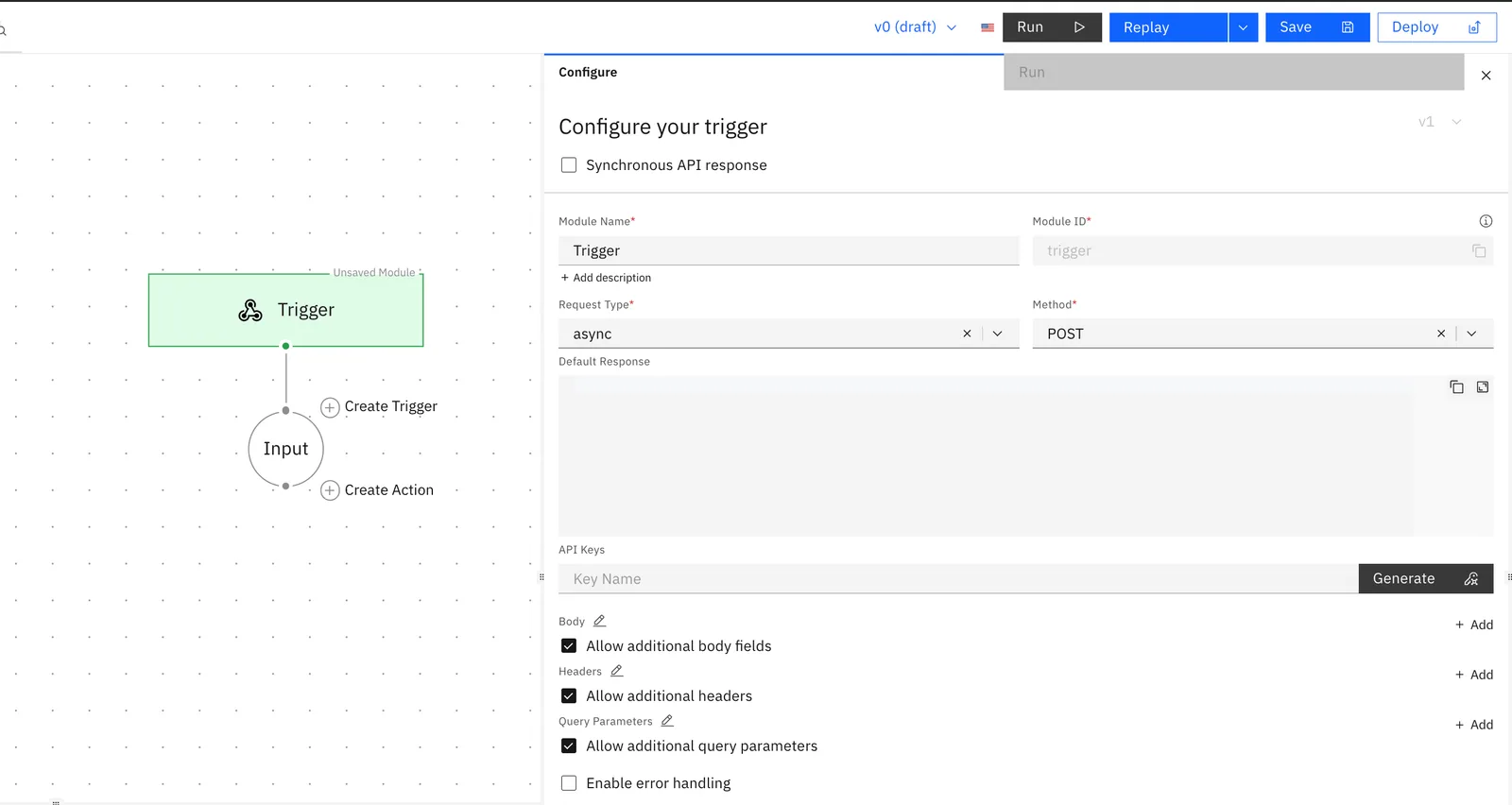 "Configure your trigger" panel for the webhook trigger: Request Type async, Method POST, API Keys, and Body, Headers and Query Parameters options.