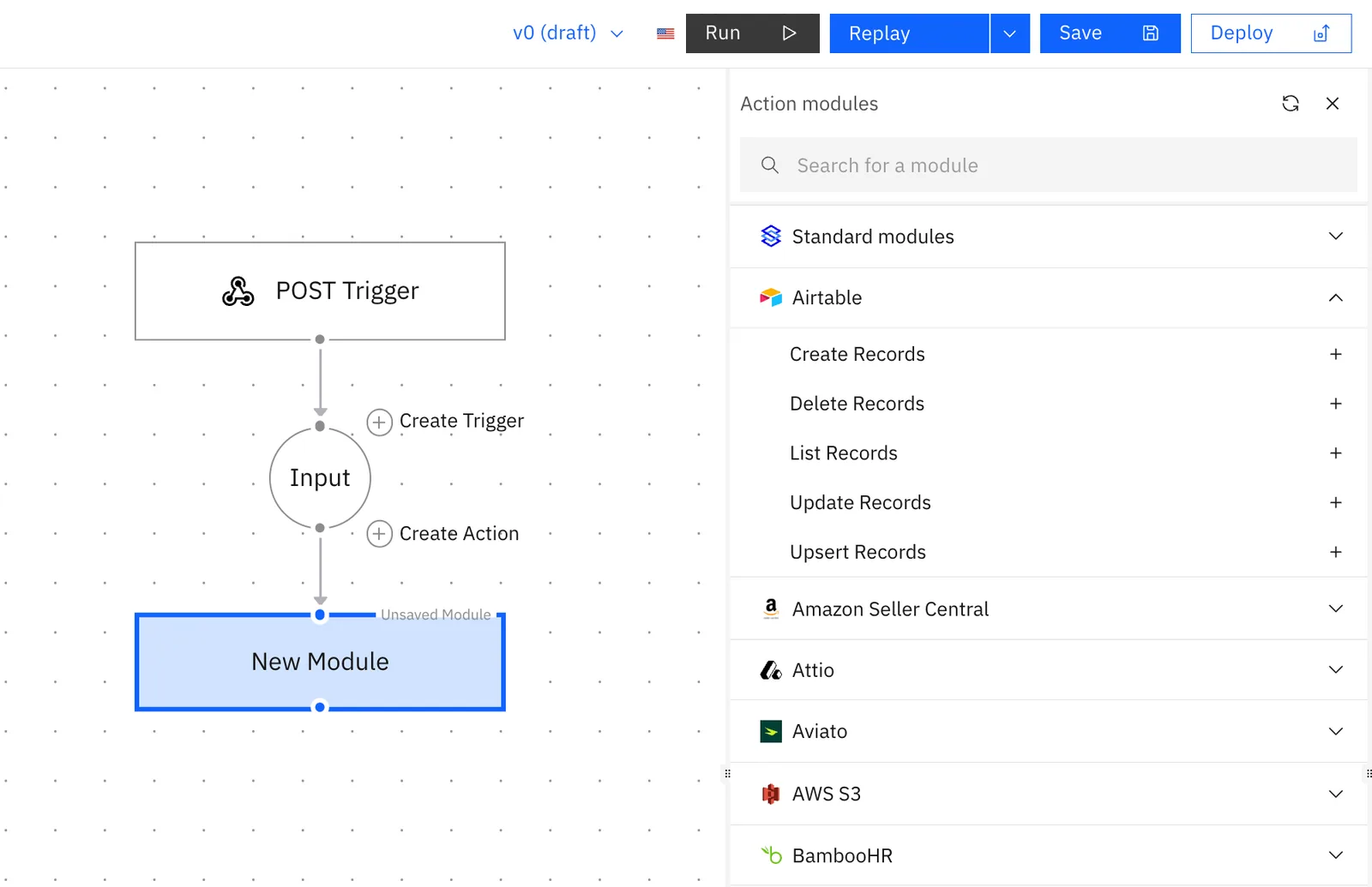 Workflow editor with a new module after the POST Trigger and the Action modules menu open, showing Airtable actions like Create Records.