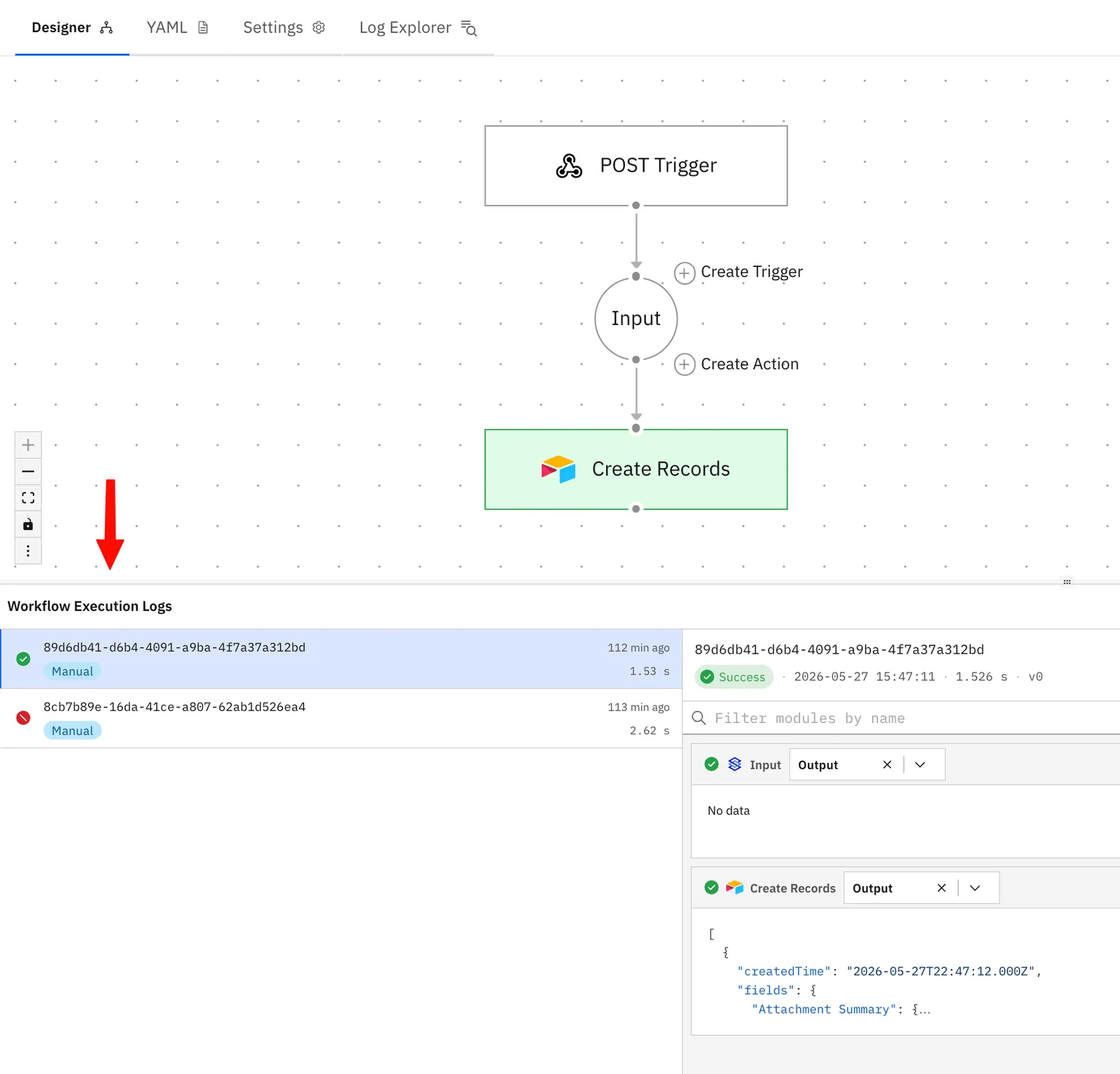 Workflow Execution Logs panel below the canvas, listing manual runs with a successful run's Create Records output shown on the right.