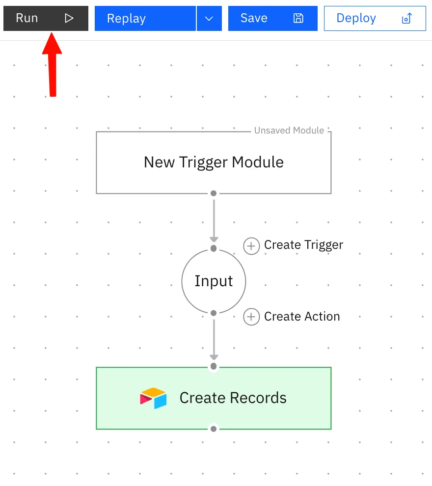 Workflow editor with an arrow pointing to the Run button above a workflow ending in a green Airtable Create Records node.
