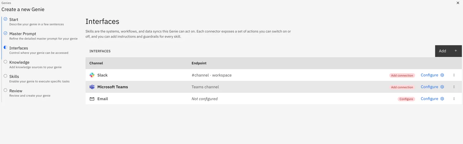 "Create a new Genie" Interfaces step listing Slack, Microsoft Teams and Email channels, each with a Configure link.