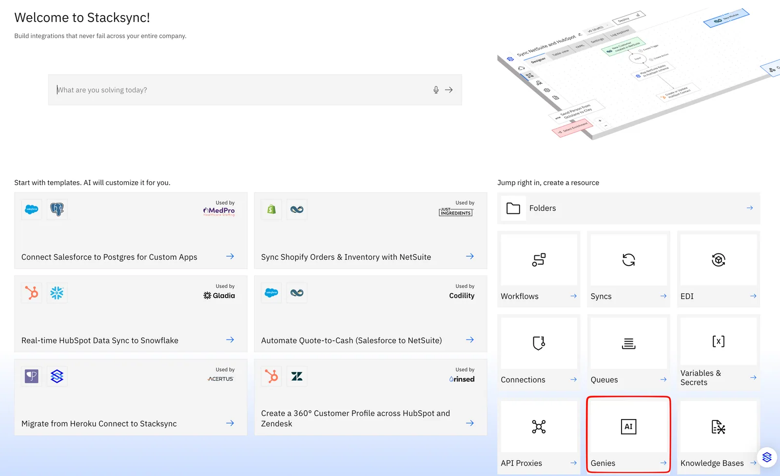 Stacksync welcome page with the "Genies" tile highlighted among the create-resource tiles like Workflows, Syncs and Connections.