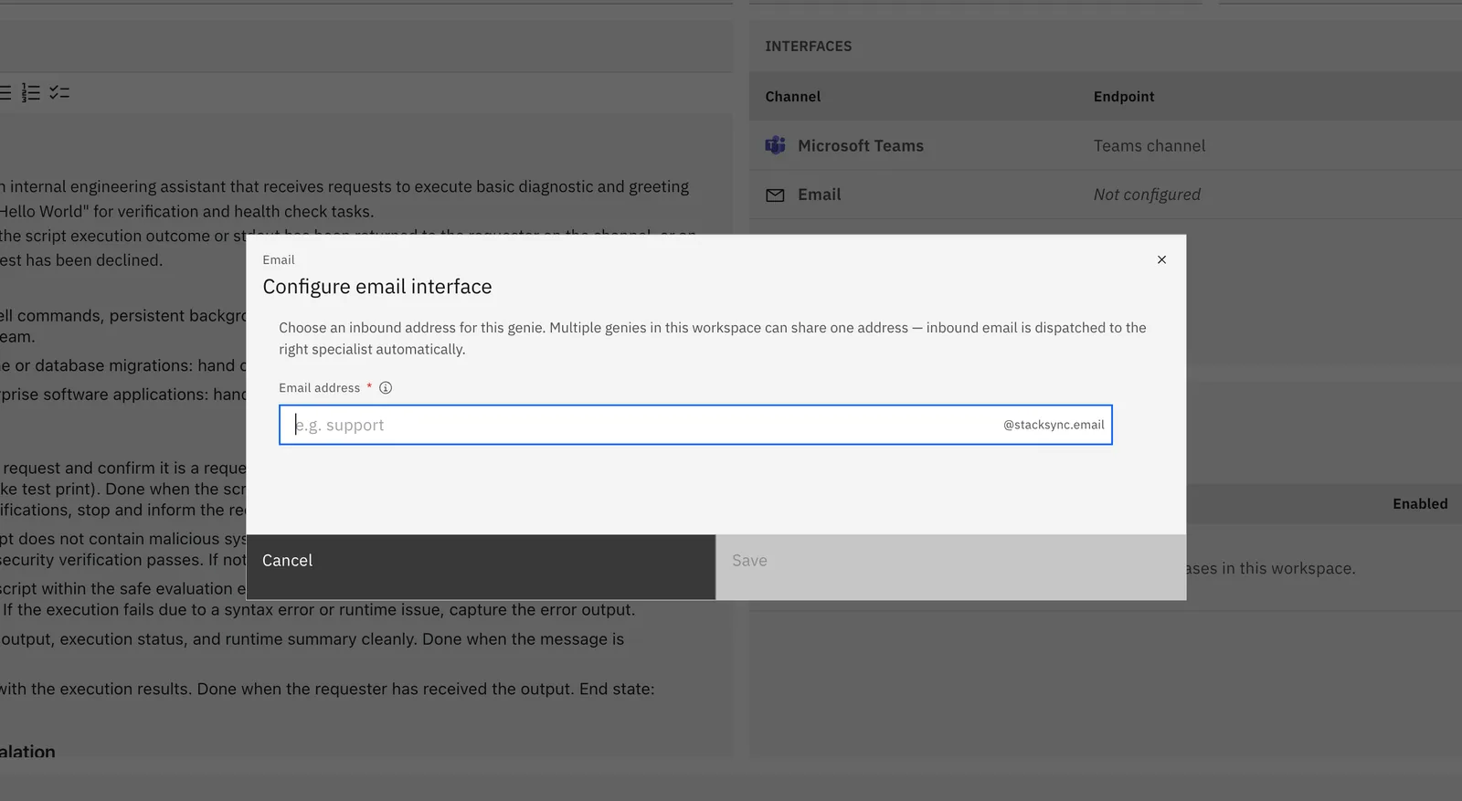 "Configure email interface" dialog for a genie, asking for an inbound Email address ending in @stacksync.email, with Cancel and Save.