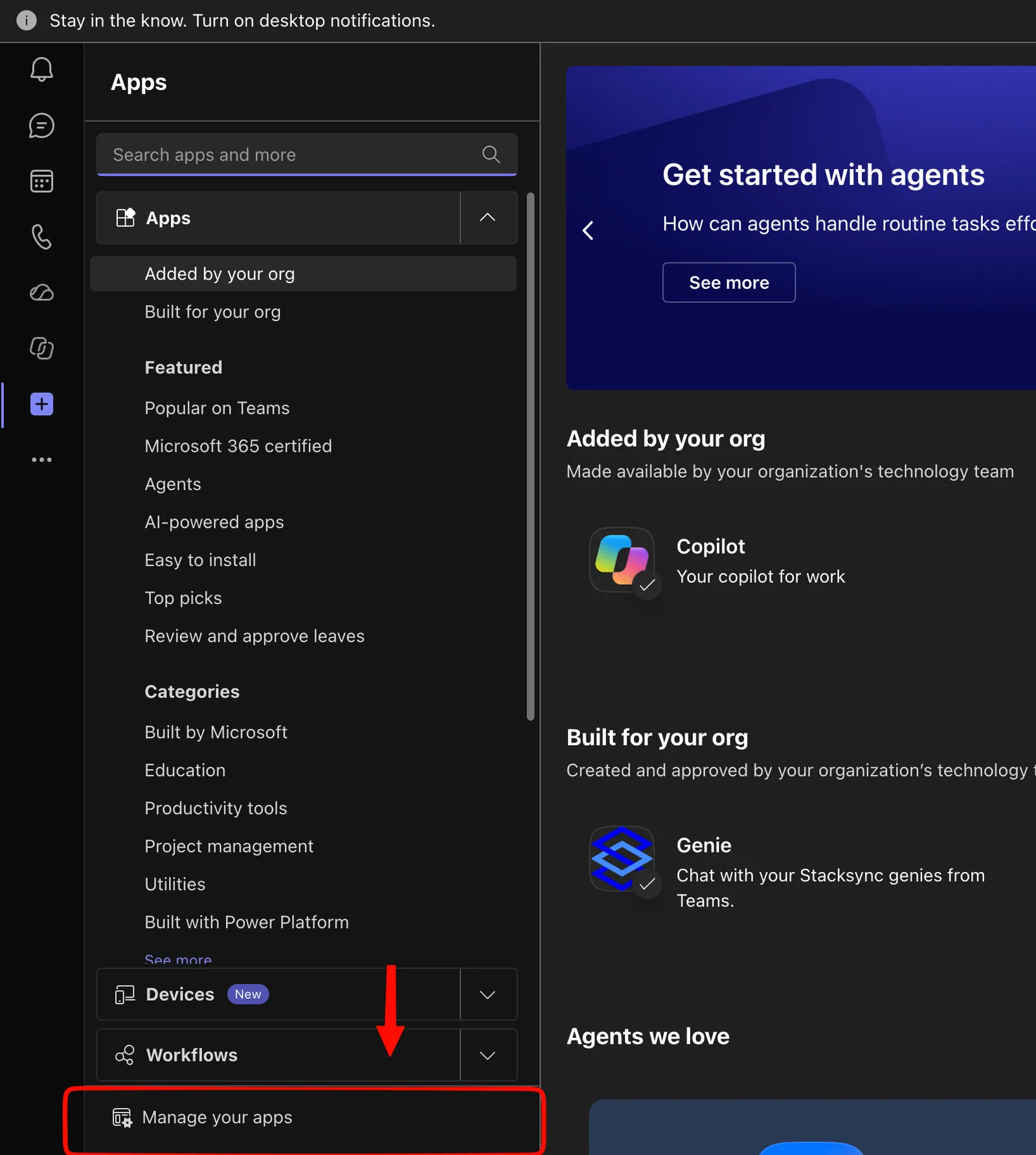 Microsoft Teams Apps page listing the Stacksync Genie app under "Built for your org", with "Manage your apps" highlighted at the bottom.