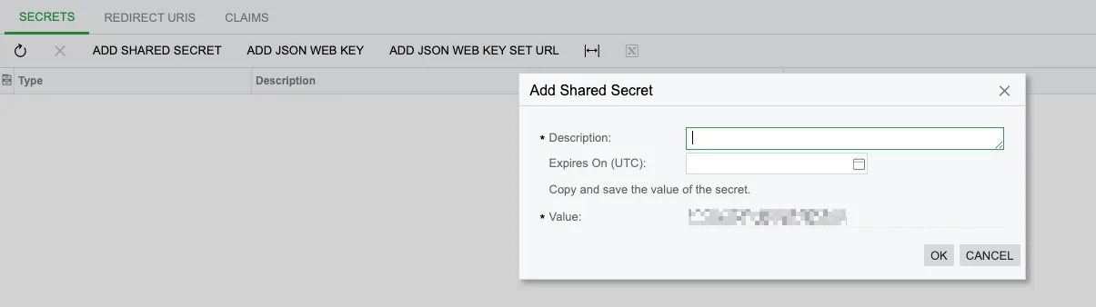 Acumatica "Add Shared Secret" dialog with Description, Expires On and a redacted secret Value, plus OK and Cancel
