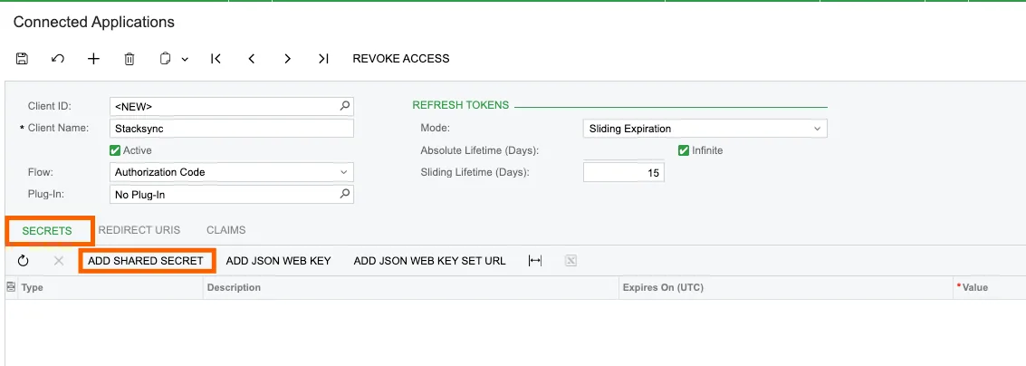 Acumatica connected app with the "Secrets" tab and "Add Shared Secret" button highlighted