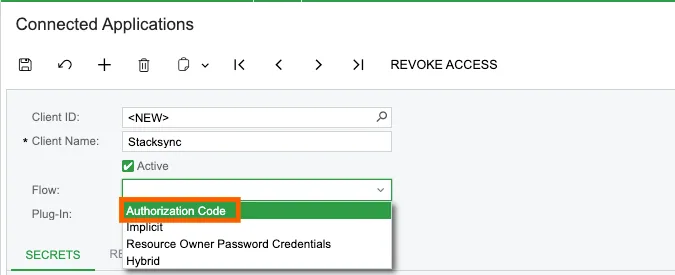 Acumatica Connected Applications Flow dropdown with "Authorization Code" selected