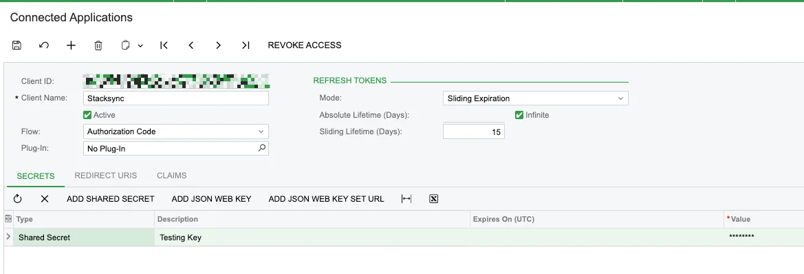Saved Acumatica Stacksync connected app with a generated Client ID and a "Testing Key" shared secret