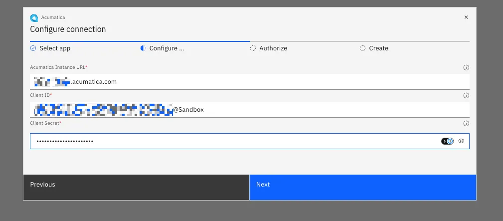 Stacksync Acumatica "Configure connection" step with Instance URL, Client ID and Client Secret fields filled in