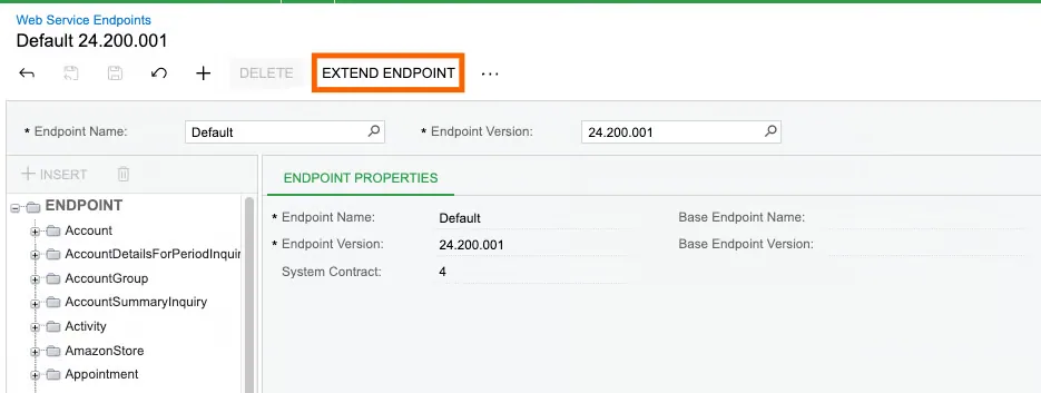 Acumatica Default 24.200.001 endpoint with the "Extend Endpoint" button highlighted
