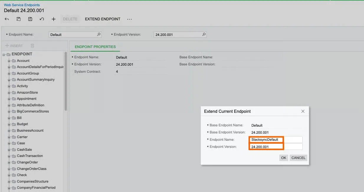Acumatica "Extend Current Endpoint" dialog with Endpoint Name "StacksyncDefault" and Version "24.200.001"