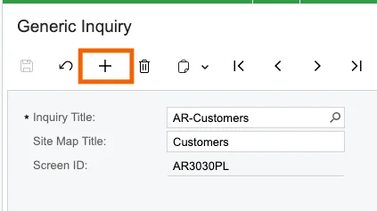Acumatica Generic Inquiry screen for AR-Customers with the + (add new record) button highlighted