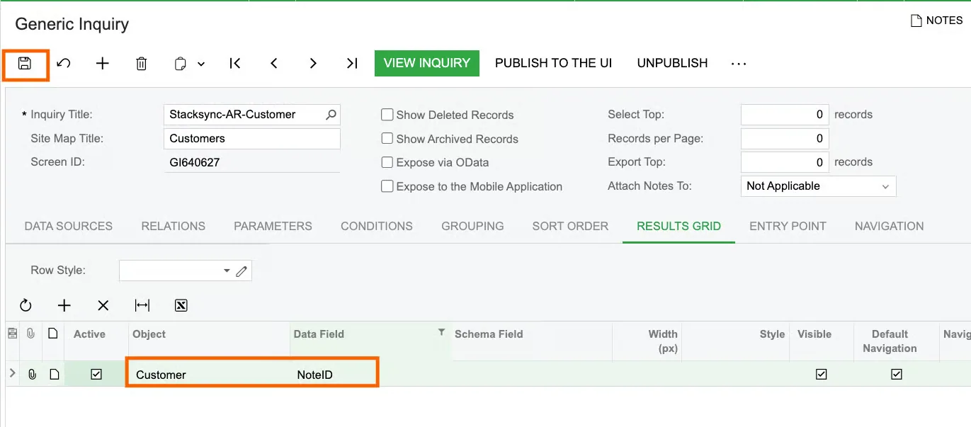 Acumatica Results Grid with a Customer row using Data Field "NoteID" added, and the Save button highlighted