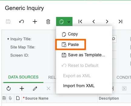 Acumatica Generic Inquiry clipboard menu with "Paste" highlighted to paste the copied inquiry into the new record