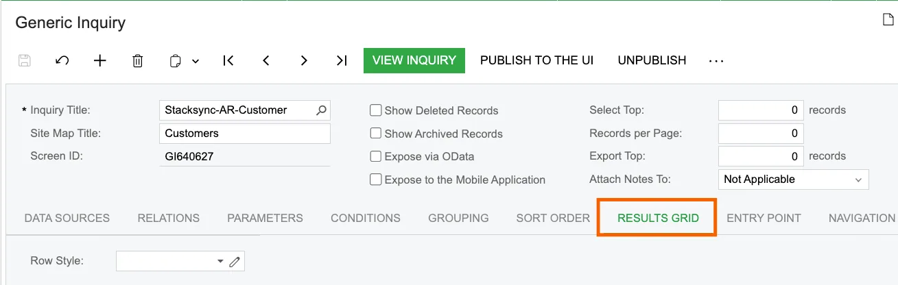 Acumatica Generic Inquiry "Stacksync-AR-Customer" with the "Results Grid" tab highlighted