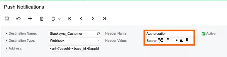 Acumatica push notification with Header Name "Authorization" and a redacted "Bearer" token as Header Value