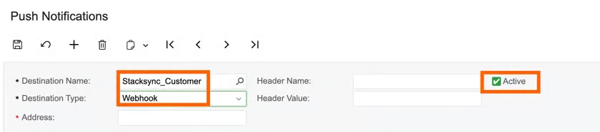 Acumatica push notification with Destination Name "Stacksync_Customer", Type "Webhook" and "Active" checked