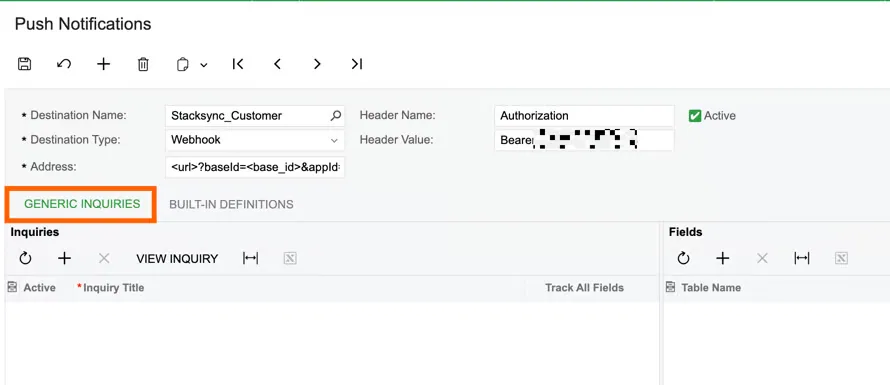 Acumatica push notification form with the "Generic Inquiries" tab highlighted below the webhook settings
