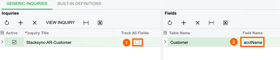 Stacksync-AR-Customer inquiry with "Track All Fields" unchecked and Customer field "acctName" added as a tracked field