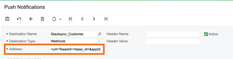 Acumatica push notification Address field highlighted, containing the Stacksync webhook URL with baseId and appId parameters