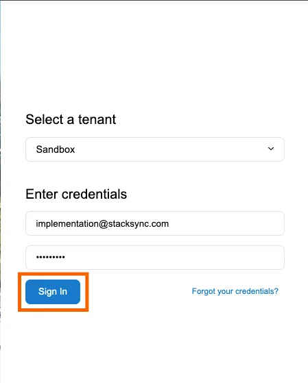 Acumatica sign-in page with the "Sandbox" tenant selected, credentials entered and "Sign In" highlighted