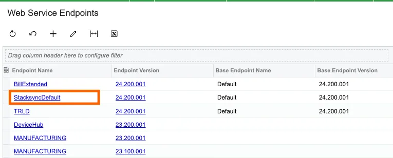 Acumatica Web Service Endpoints list with the new "StacksyncDefault" endpoint, based on Default 24.200.001, highlighted