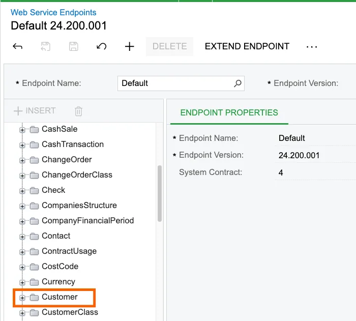 Acumatica Web Service Endpoints, Default 24.200.001 endpoint tree with the "Customer" entity highlighted