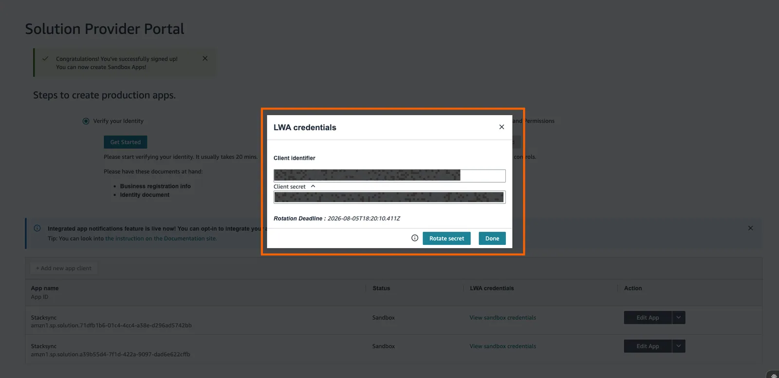 Amazon Solution Provider Portal "LWA credentials" dialog showing redacted Client identifier and Client secret