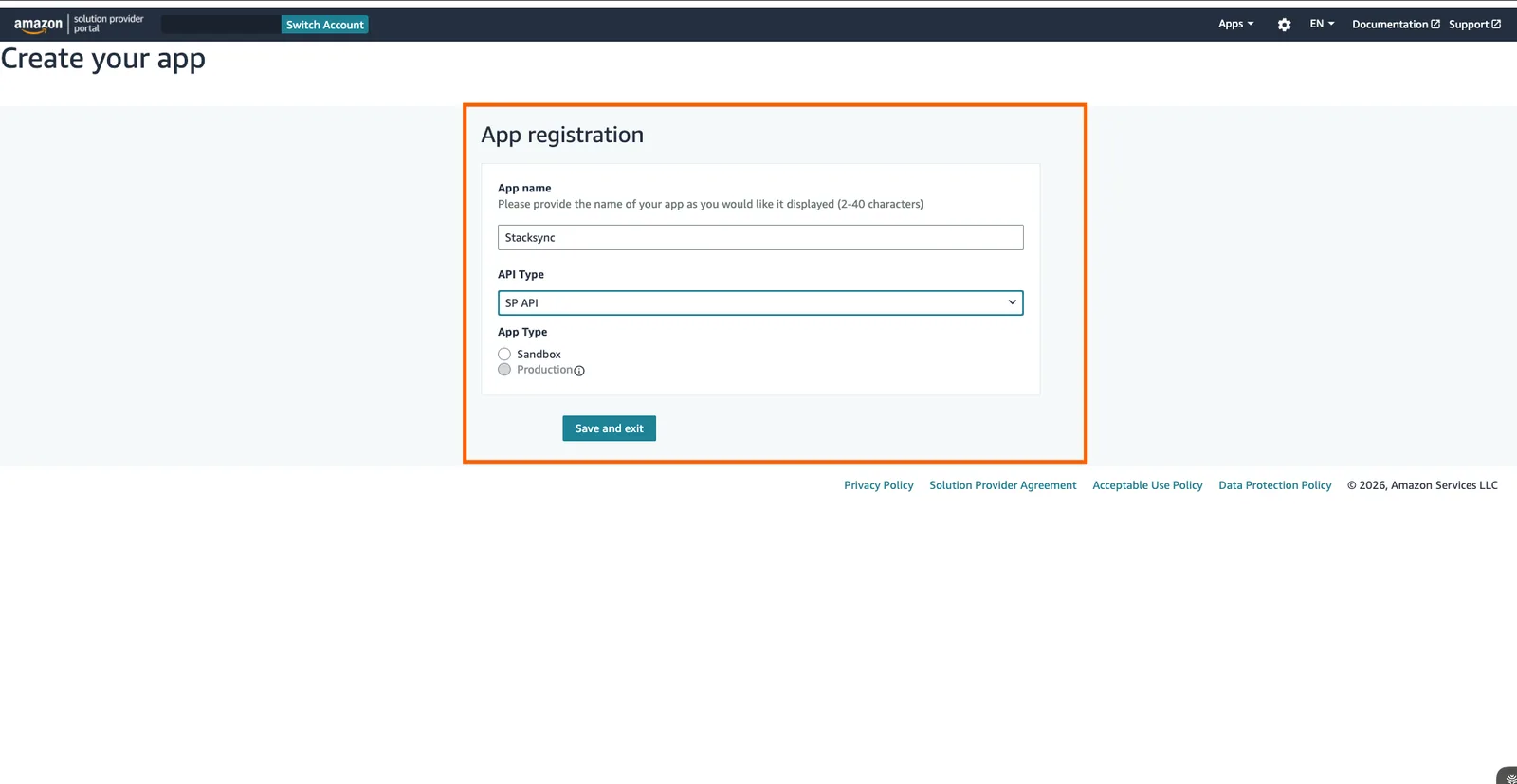 Amazon Solution Provider Portal "App registration" form with App name "Stacksync" and API Type "SP API"