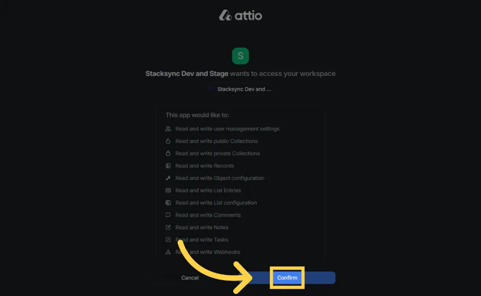 Attio consent screen listing read/write permissions for Stacksync, with an arrow pointing to "Confirm"