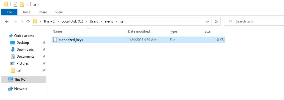 File Explorer .ssh folder showing the renamed "authorized_keys" file with no extension, type "File".