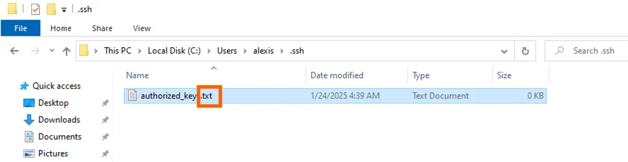 File Explorer .ssh folder showing "authorized_keys.txt" with the ".txt" extension now visible and highlighted.
