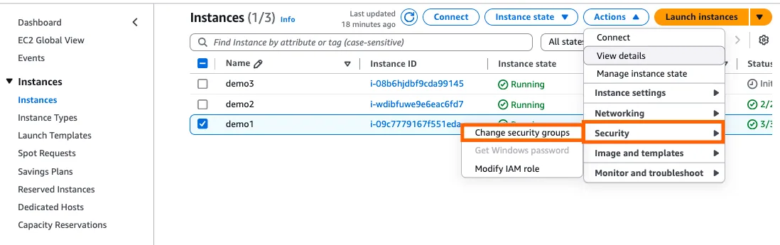 AWS EC2 Instances list with Actions > "Security" > "Change security groups" highlighted for the selected jumpbox instance.