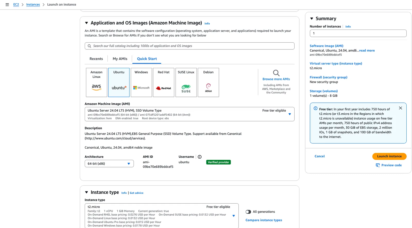 AWS EC2 "Launch an instance" page with the Ubuntu Server 24.04 LTS AMI and "t2.micro" instance type selected.