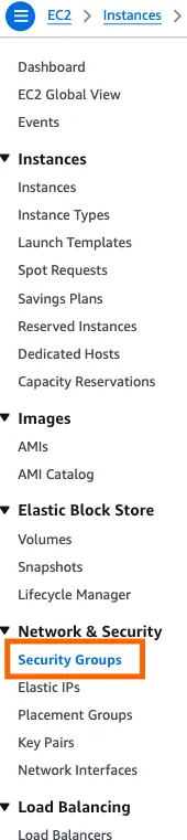 AWS EC2 sidebar with "Security Groups" under Network & Security highlighted.