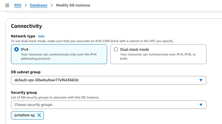 Amazon RDS "Modify DB instance" Connectivity section with the "jumpbox-sg" security group selected.