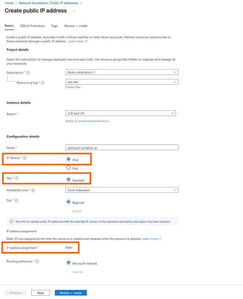 Azure "Create public IP address" form for "stacksync-jumpbox-ip" with IPv4, Standard SKU and Static assignment highlighted.